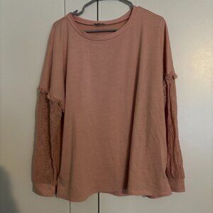 Salmon Pink Crewneck Sweatshirt with Floral Lace on Sleeves